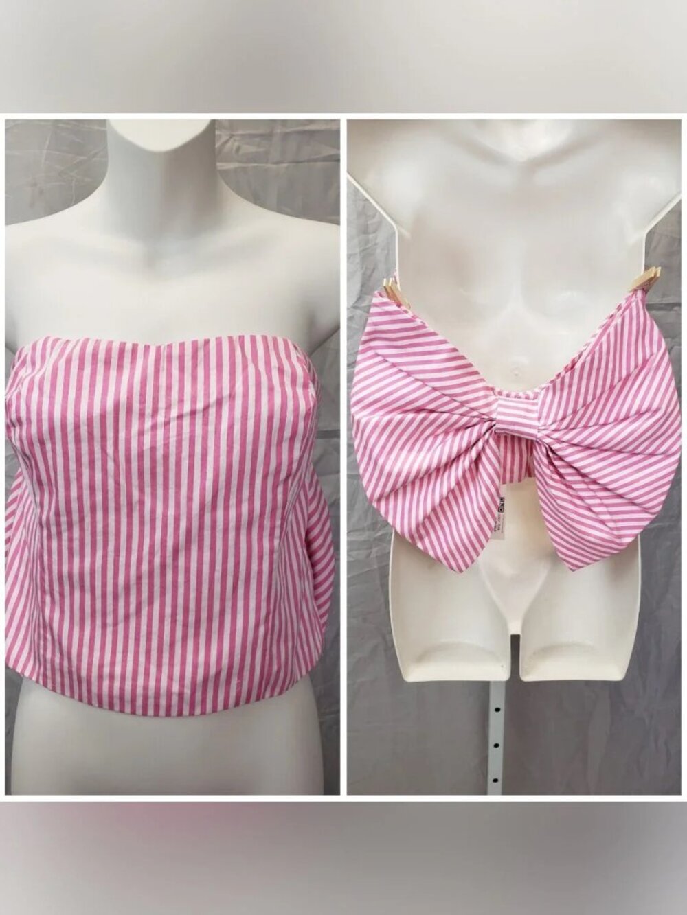 Pink & White Striped Strapless Crop Top with Bow Back